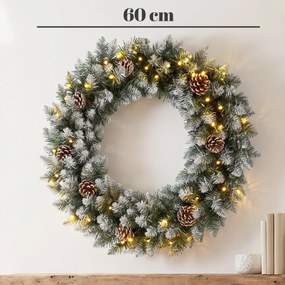 HOMCOM Wieniec świąteczny 60 cm oświetlony, wieniec drzwiowy z 50 LED, szyszki, sztuczny śnieg na Boże Narodzenie i adwent, drzwi wejściowe | Aosom PL