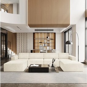 Duża Modułowa Sofa Narożna w Welurze Żebrowanym, 4-osobowa i 2 pufy, 404x202x82cm, Beżowy