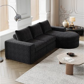 Czarna sofa narożna - Sofa 3-osobowa z 3 poduszkami i 2 zagłówkami - szenil