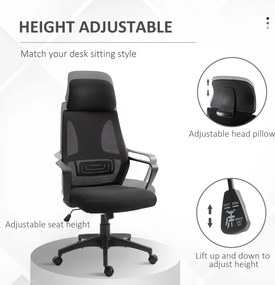 Vinsetto Krzesło Biurowe, Krzesło Biurkowe z Funkcją Bujania, Regulowane z Podparciem Głowy, Wsparciem Lędźwiowym - Czarny