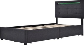 Łóżko dla dorosłych 90x200 cm - Łóżko pojedyncze z 2 szufladami i oświetleniem LED - len szary - materac w komplecie