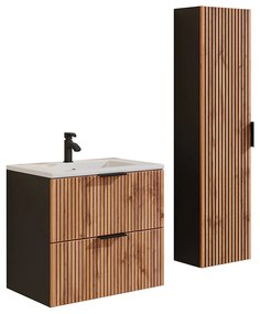 Szafka łazienkowa wisząca ryflowana z umywalką wpuszczaną w blat i słupkiem - Naturalny jasny i czarny - 60 cm - MADELA