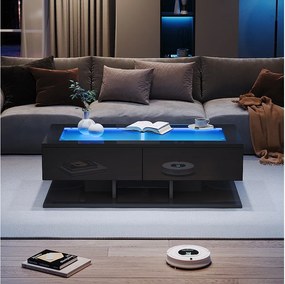 Stolik kawowy błyszczący - 100 x 50 x 35 cm - z 2 szufladami + diody LED - blat szklany - płyta wiórowa - czarny