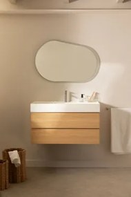 Zestaw Wiszących Mebli Łazienkowych Z Drewna I Forniru Jesionowego Zintegrowany Z Umywalką Ona Naturalna & Owalna Lampa Led I Przeciwmgielna 100x80 Cm