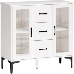 HOMCOM Nowoczesny sideboard z drzwiami z cichym domykaniem, kredens z 3 szufladami i 2 drzwiami ze szkła, regulowane półki, MDF, biały