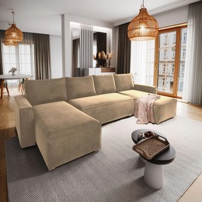 Masseno Narożnik DENI z funkcją spania i pojemnikiem na pościel Narozniki U, Rozkładana sofa - Kremowy, MONOLITH 04