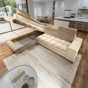 Masseno Narożnik MORIVA z funkcją spania i pojemnikiem na pościel Narozniki L, Rozkładana sofa - Kremowy, MONOLITH 04