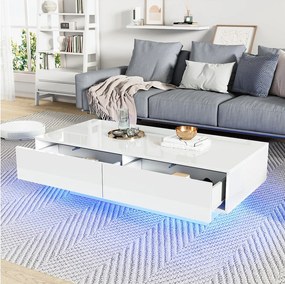 Nowoczesny stolik kawowy z połyskiem i 2 szufladami - 115 x 55 x 34 cm - diody LED - płyta wiórowa - czarny