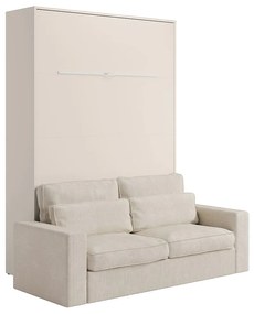 Łóżko chowane w szafie 140 x 200 cm - Otwierane ręcznie w pionie - Z oświetleniem LED - Beżowe + Kanapa - RAPILI