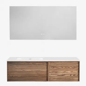 Zestaw Wiszących Mebli Łazienkowych 140x50 Cm Z Drewna Zintegrowany Z Umywalką Solea Bez Kranu & Popielaty Brąz & Prostokątny Led I Przeciwmgielny 140