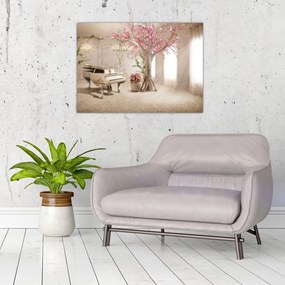 Obraz na szkle - Wymarzone wnętrze z fortepianem (70x50 cm)