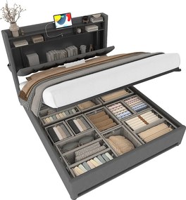 Łóżko z pojemnikiem na pościel 160 x 200 cm – z zagłówkiem, schowkiem i oświetleniem LED – szary aksamit – bez materaca