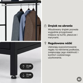 Regał biurowy otwarty z drążkiem na ubrania, do recepcji i poczekalni, metalowy, czarny, 800x2200x400 mm: ARIEL