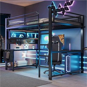 Łóżko piętrowe 140 x 200 cm z biurkiem narożnym, schowkiem, oświetleniem LED, gniazdkami i portami USB - MDF i metal - czarne (materac nie jest wliczony w cenę)