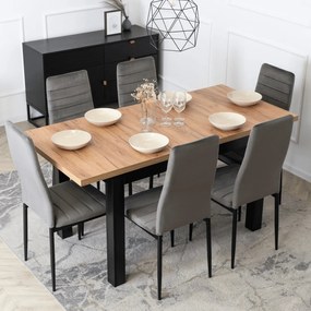 Zestaw Stół Rozkładany SKUBI 120-160 cm Dąb Craft/Czarny i 6 Krzeseł NARIS Szare Welurowe