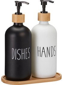 Dozownik na płyn do naczyń i mydło na bambusowej tacce EASY, 2 x 500 ml