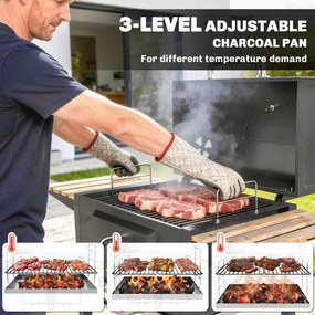 Outsunny Grill węglowy z regulowaną paletą węglową, wózek grillowy, półki, termometr, otwieracz do butelek, stal, drewno, czarny