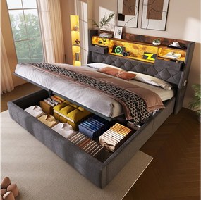 Łóżko ze schowkiem 180x200 cm Łóżko podwójne z USB i LED, zagłówek ze schowkiem - Szary len (bez materaca)