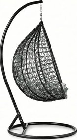 Czarne wiszące krzesło KOKON ze stojakiem, zielono-biała poduszka