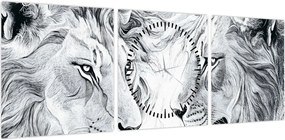 Obraz - Rysowane lwie głowy (z zegarem) (90x30 cm)