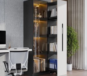 Mobilna witryna 70x40x160 cm - Biblioteczka - Oświetlenie LED - 1 drzwi szklane i 1 szuflada - z kółkami - MDF - Czarny i biały