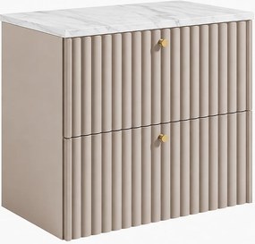 Szafka łazienkowa wisząca z blatem 60, kaszmir + blat z efektem marmuru Bianco, uchwyty w trzech kolorach, 60 x 44,4 x 58,6 cm