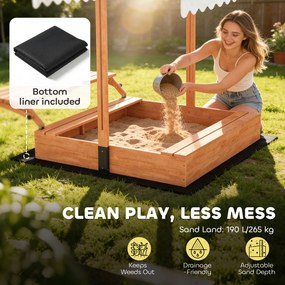 AIYAPLAY Piaskownica z dachem Piaskownica z drewna ze składanym stołem piknikowym i ławkami dla dzieci w wieku 3-8 lat 184 x 110 x 120 cm Brązowa | Aosom PL