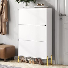 Nowoczesna minimalistyczna szafka na buty - 73 x 24 x 120 cm - z 3 drzwiami - nogi w kolorze złotym - płyta MDF - biała
