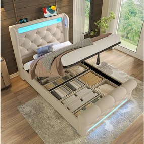Łóżko tapicerowane ze schowkiem - 90 x 200 cm - z diodami LED - zagłówek ze schowkiem i USB - aksamit - beż