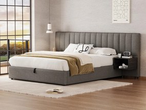 Łóżko 160x200cm z tkaniny lnianej - z 2 stolikami nocnymi i stelażem na listwy - Szary