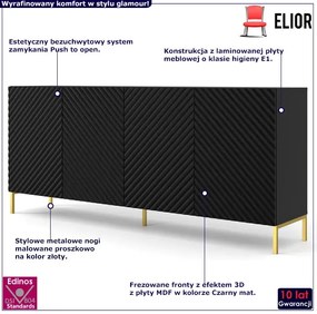Długa komoda z frontem 3D czarny mat + złote nóżki - Resa 4X