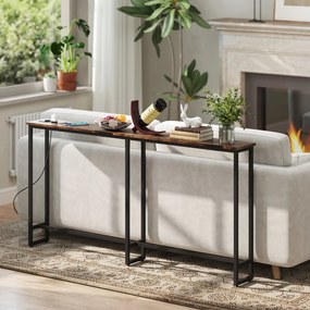 HOMCOM Smukły Stolik Konsola z Ładownicą, Styl Industrialny, Stelaż ze Stali, Brązowy