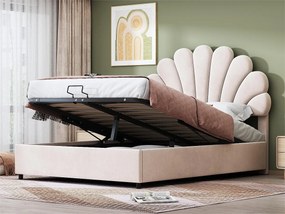 Łóżko z tapicerowanym welurowym zagłówkiem - 140x200cm - zagłówek w kształcie kwiatu - z stelażem na listwy - Beżowe