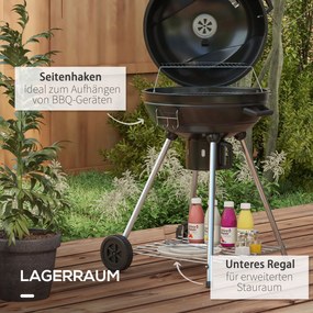 Outsunny Grill węglowy z rusztem, kółkami, półką, pojemnikiem na popiół, wbudowanym termometrem do BBQ, metalowy, czarny, 55 x 65 x 89 cm