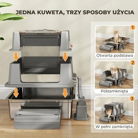 PawHut Kuweta dla kota XXL ze stali nierdzewnej 130L z pokrywą otwieraną 180°, wysokimi ściankami, łopatką i stopniem, 70x50x43 cm, szara | Aosom PL