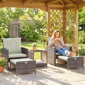 Outsunny Rattanowy zestaw mebli ogrodowych 5-częściowy zestaw balkonowy z 2 krzesłami, poduszkami, podnóżkami, stołem i schowkiem, kremowy | Aosom PL
