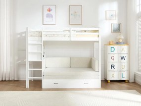 Łóżko antresola 90 x 190 cm z rozkładaną kanapą - Drewno sosnowe i MDF - Biały + Materac - ORPELIA