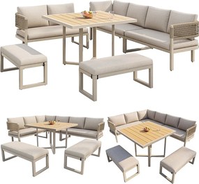 Salon ogrodowy, zestaw mebli na 8-10 osób - kanapa narożna - z żelaza ocynkowanego - stoły jadalniane z tworzywa drewnopodobnego - ławka, Beżowy