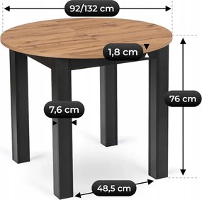 Stół Okrągły Rozkładany HARRY 92-132 cm Dąb Craft/Czarny Loft