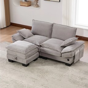 Dwuosobowy zestaw wypoczynkowy z tkaniny sztruksowej - 190 x 132 x 84 cm - z 1 pufem ze schowkiem + portem USB + kieszeniami - jasnoszary