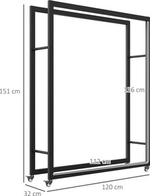 Outsunny Wózek na drewno opałowe z kołami, mobilny, metalowa rama, do 150 kg, 120 x 32 x 151 cm, czarny
