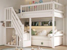 Łóżko mezzanine 90x200cm - ze schodami z miejscem do przechowywania - drewno lite + sklejka + MDF - Biały