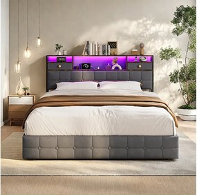 Łóżko z pojemnikiem hydraulicznym z oświetleniem LED, portem ładowania USB i 2 szufladami - Welur - Szare 160 x 200cm