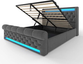 Łóżko z pojemnikiem 160x200 cm, szary aksamit, łóżko podwójne z oświetleniem LED i portami USB - bez materaca