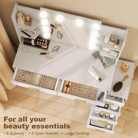 HOMCOM Toaletka z podświetlanym lustrem i tapicerowanym stołkiem, zestaw do makijażu z 6 szufladami i półkami, Biały | Aosom PL