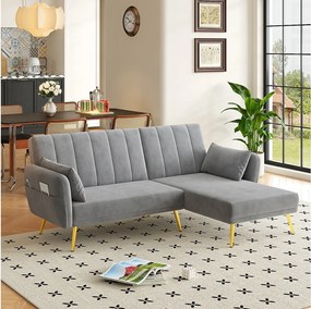 Sofa 3-osobowa rozkładana - 191,5 x 130 x 80 cm - narożnik z funkcją spania - welur - szary