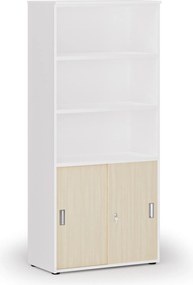 Szafa biurowa kombinowana PRIMO WHITE, drzwi przesuwne na 2 poziomach, 800 x 420 x 1781 mm, biały/brzoza
