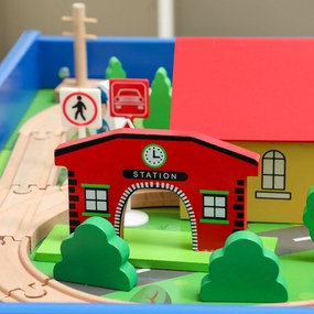 AIYAPLAY Stolik do zabawy, 108-elementowy zestaw kolejowy z drewna, z odłączaną płytą, stolik kolejowy, 98x60,5x40 cm, niebieski