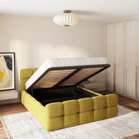 Masseno Łóżko Tapicerowane ELIZJA ze stelażem i pojemnikiem na pościel 140x200 cm - Żółty, SORO 40
