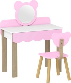 AIYAPLAY Zestaw toaletki dla dzieci z hokerem, lustro w kształcie misia, szuflada, MDF, różowy